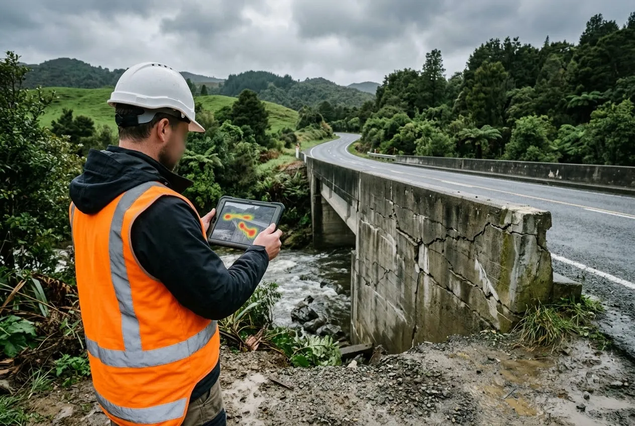 An engineer in a hard hat and high-visibility vest holds a tablet showing a damage heat map beside a cracked concrete road bridge over a flooded river, with native bush behind.