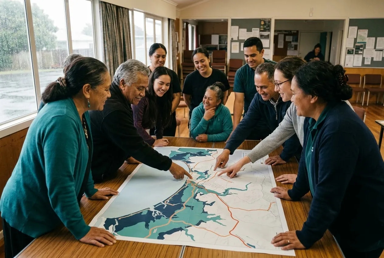 Community members gathered around a table, pointing at a large map of a coastal area.