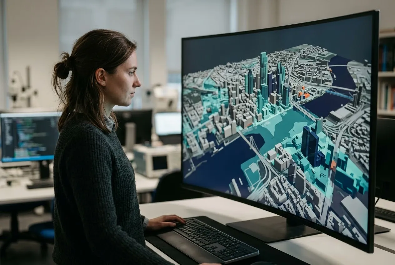 A researcher looking at a large monitor showing a 3D digital model of a city.