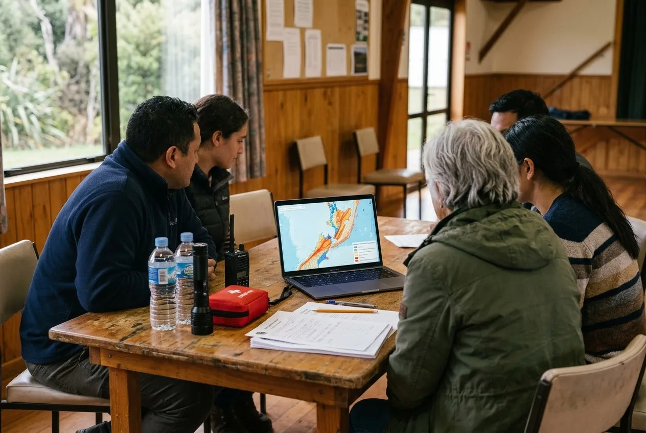 Community members around a table in a wooden hall, looking at a hazard map of New Zealand on a laptop beside survey forms, water bottles, a torch, a radio and a first-aid kit.