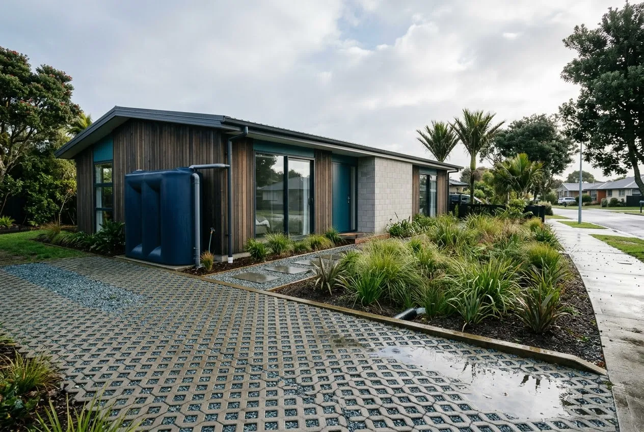 A house with a rainwater tank, permeable paving and a planted rain garden beside a wet street.