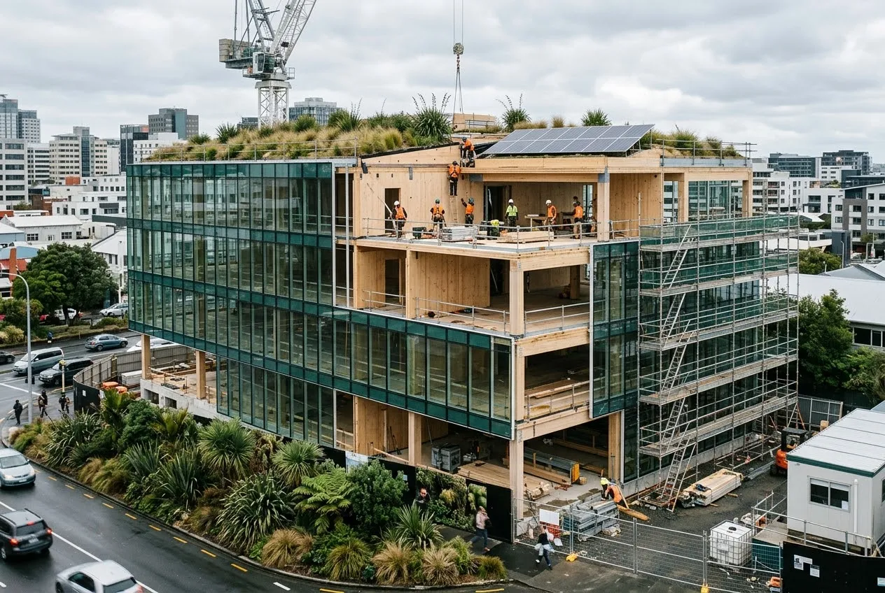 A mid-rise timber and glass building under construction in a city, with a planted green roof, solar panels, scaffolding and workers in high-visibility gear.