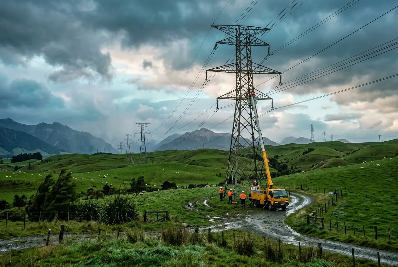 A line crew and a bucket truck at the base of a high-voltage transmission tower on green farmland, with power lines crossing the hills under storm clouds.
