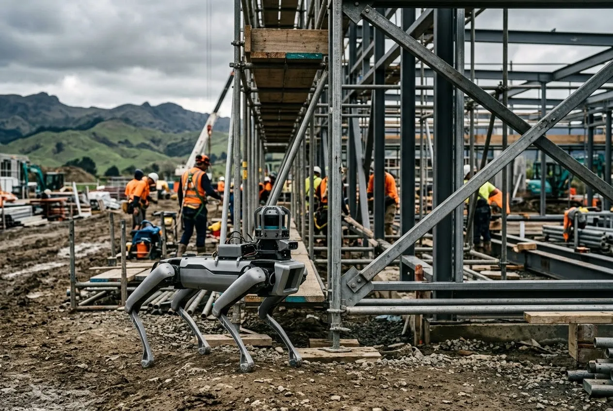 A four-legged robot carrying a sensor unit on a construction site, with workers in high-visibility gear beside steel scaffolding.