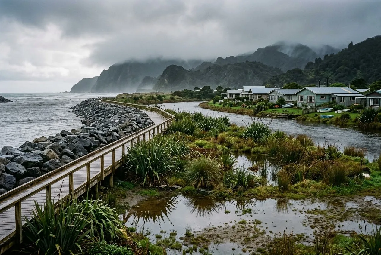A coastal town after heavy rain, with a rock seawall and timber boardwalk along the shore and a planted wetland between the river mouth and a row of houses.