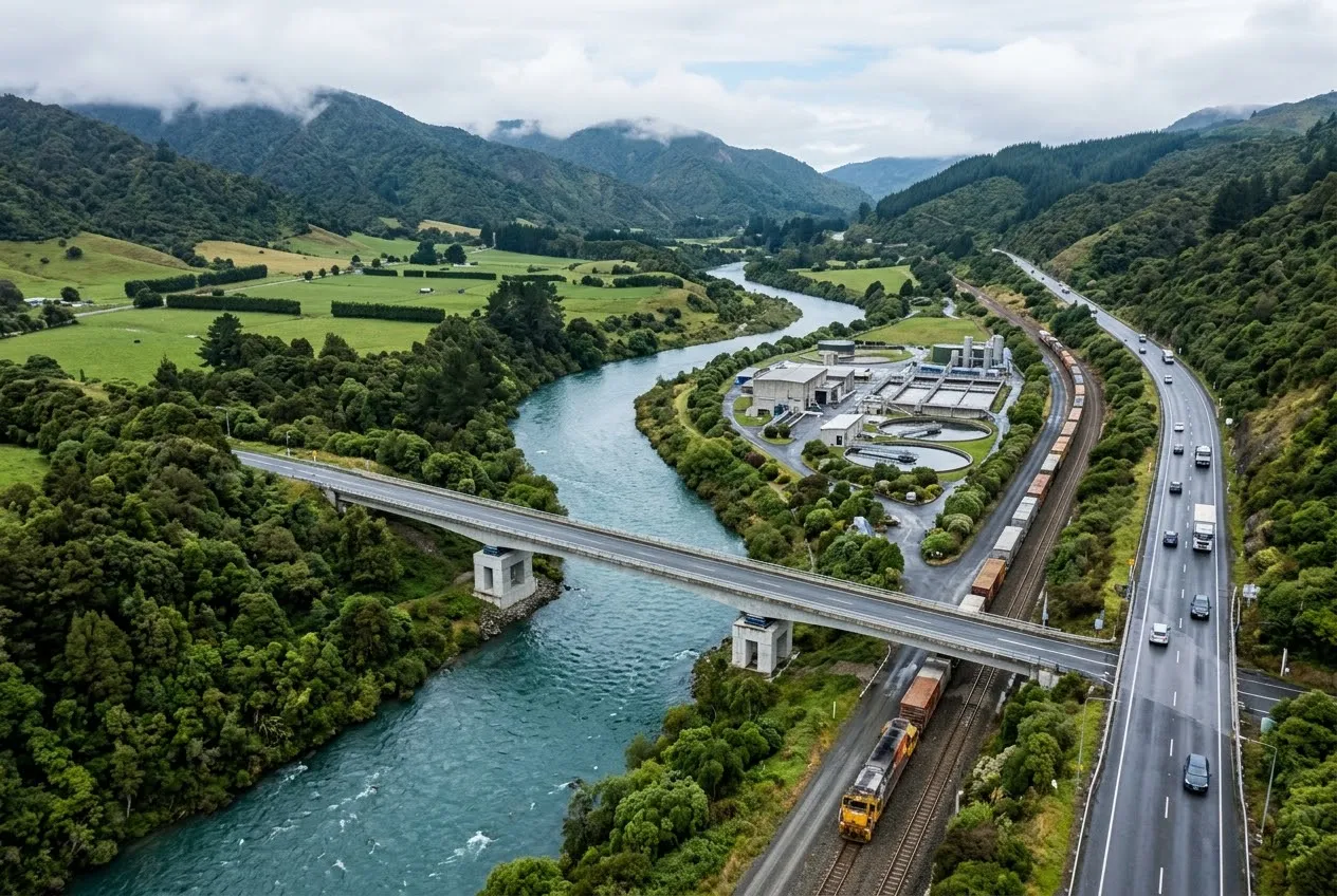 An aerial view of a river valley where a road bridge, a highway, a railway with a freight train and a water treatment plant sit side by side among farmland and native bush.