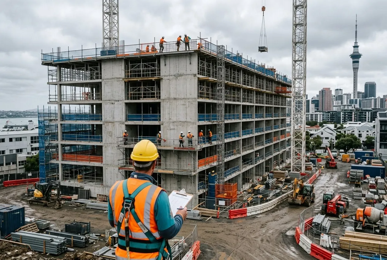 A supervisor in a safety harness and high-visibility vest checks a clipboard at a busy city construction site, where workers move along guarded edges of a concrete frame building.